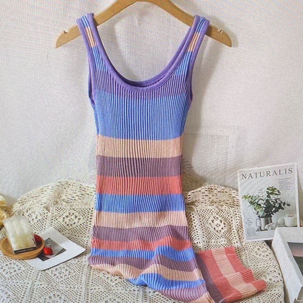 Striped Ribbed Knit Romper in Lavender, Peach & Coral